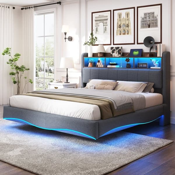 Aikuisten sänky 160 x 200 cm pellavakangasta – Sängynpääty säilytystilalla, LED ja pistorasia – Harmaa