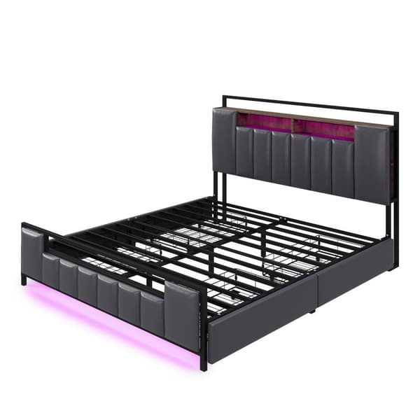 Voksenseng 160x200 cm i kunstlæder - med LED og USB-tilslutning - 4 skuffer - Jernstel - Grå