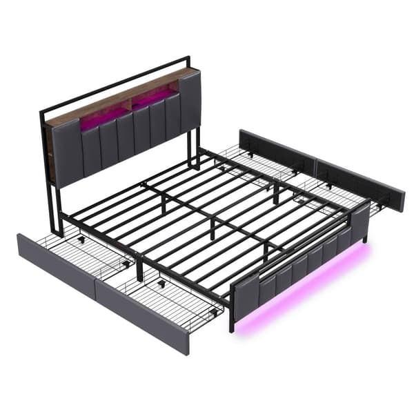 Voksenseng 160x200 cm i kunstlæder - med LED og USB-tilslutning - 4 skuffer - Jernstel - Grå