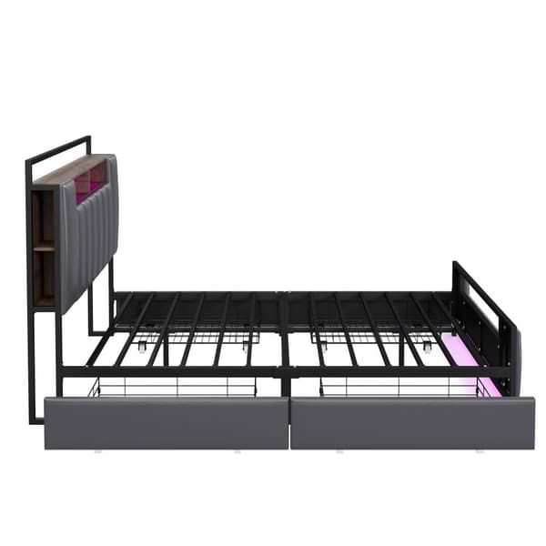 Voksenseng 160x200 cm i kunstlæder - med LED og USB-tilslutning - 4 skuffer - Jernstel - Grå