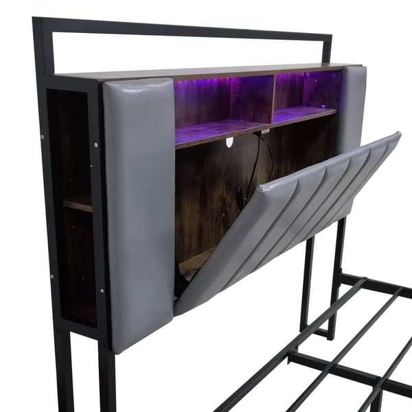Voksenseng 160x200 cm i kunstlæder - med LED og USB-tilslutning - 4 skuffer - Jernstel - Grå