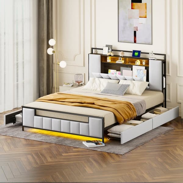 Voksenseng 160x200 cm i kunstlæder - med LED og USB-tilslutning - 4 skuffer - jernramme - hvid