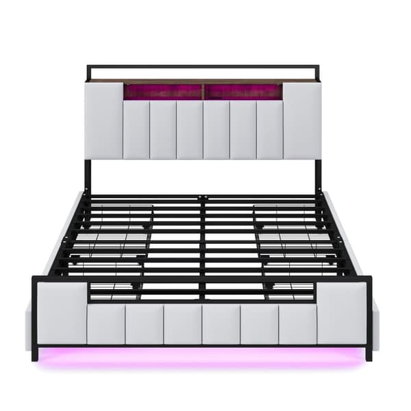 Voksenseng 160x200 cm i kunstlæder - med LED og USB-tilslutning - 4 skuffer - jernramme - hvid