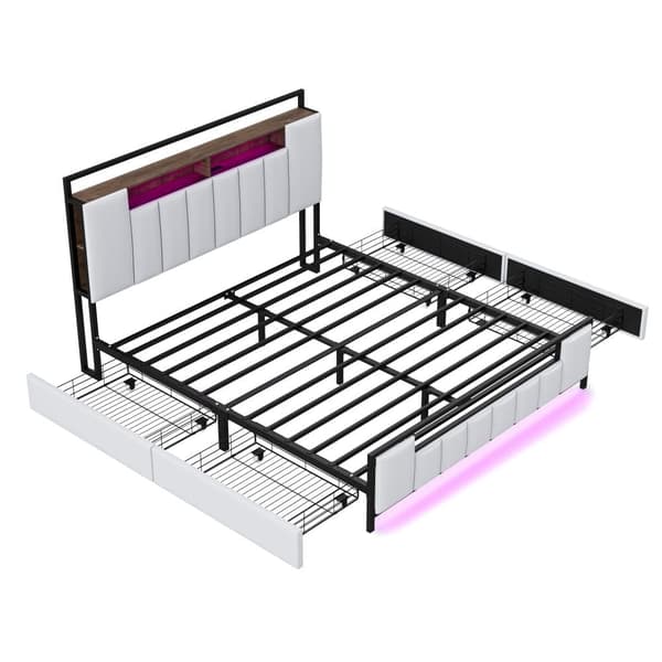 Voksenseng 160x200 cm i kunstlæder - med LED og USB-tilslutning - 4 skuffer - jernramme - hvid