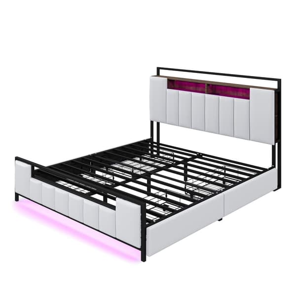 Voksenseng 160x200 cm i kunstlæder - med LED og USB-tilslutning - 4 skuffer - jernramme - hvid