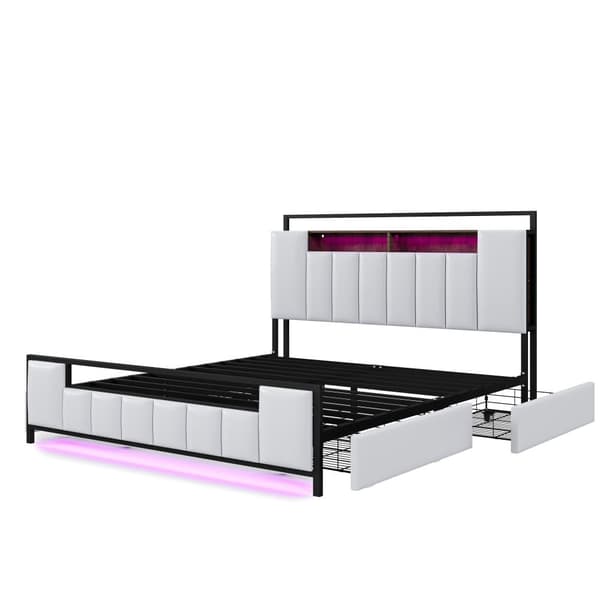 Voksenseng 160x200 cm i kunstlæder - med LED og USB-tilslutning - 4 skuffer - jernramme - hvid