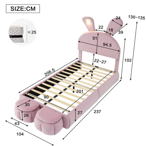 Barnsäng 90x200 cm – Kaninöron med justerbar LED-belysning – Med 2 förvaringspallar – Rosa