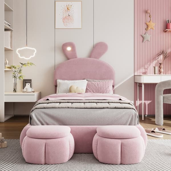Barnsäng 90x200 cm – Kaninöron med justerbar LED-belysning – Med 2 förvaringspallar – Rosa