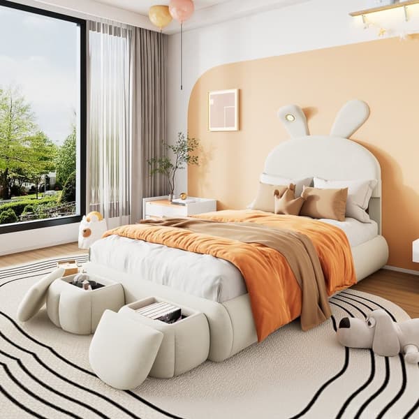 Barnsäng 90x200 cm – Kaninöron med justerbar LED-belysning – Med 2 förvaringspallar – Beige