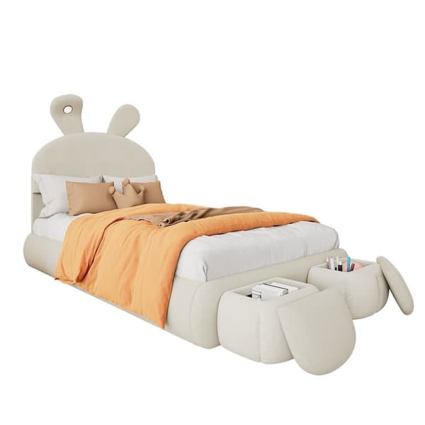 Barnsäng 90x200 cm – Kaninöron med justerbar LED-belysning – Med 2 förvaringspallar – Beige