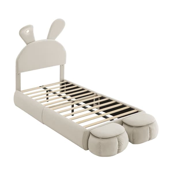 Barnsäng 90x200 cm – Kaninöron med justerbar LED-belysning – Med 2 förvaringspallar – Beige