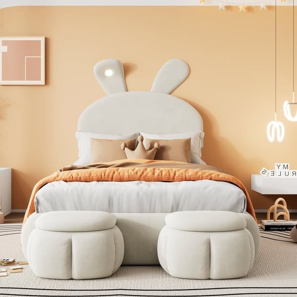 Barnsäng 90x200 cm – Kaninöron med justerbar LED-belysning – Med 2 förvaringspallar – Beige