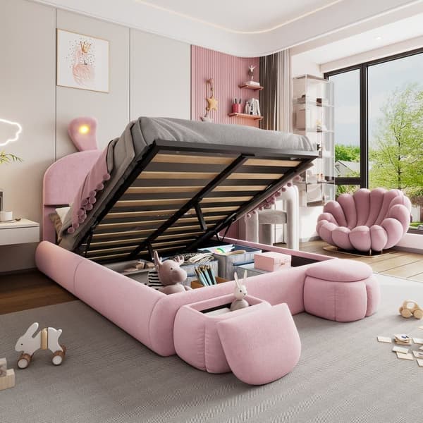 Barnsäng 140x200 cm – Kaninöron med justerbar LED-belysning – Med 2 förvaringspallar – Rosa