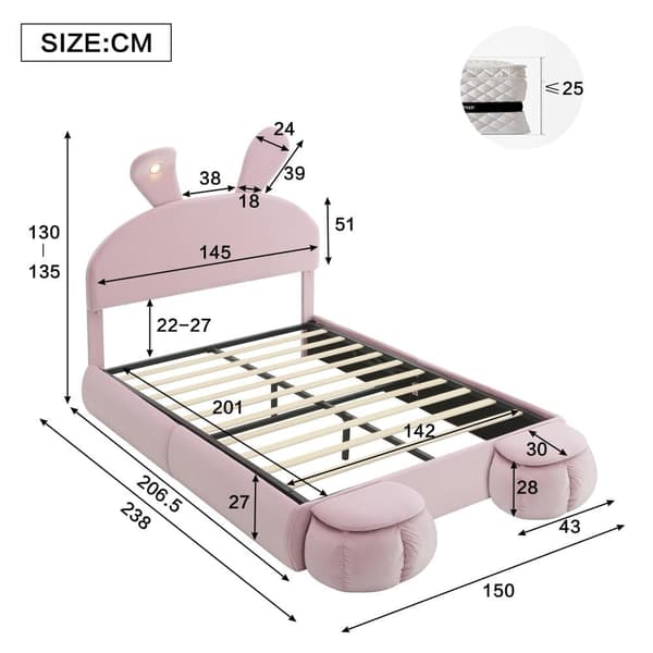 Barnsäng 140x200 cm – Kaninöron med justerbar LED-belysning – Med 2 förvaringspallar – Rosa