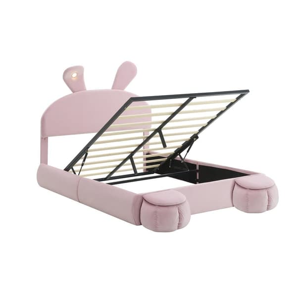 Barnsäng 140x200 cm – Kaninöron med justerbar LED-belysning – Med 2 förvaringspallar – Rosa