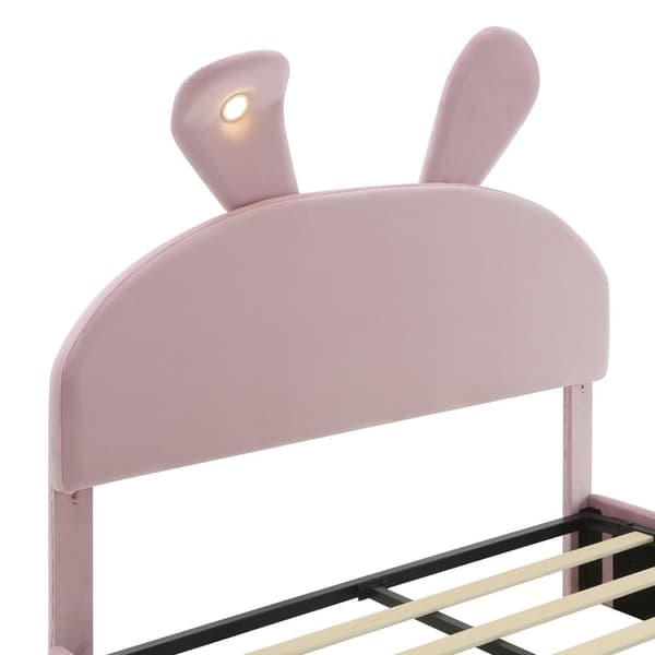 Barnsäng 140x200 cm – Kaninöron med justerbar LED-belysning – Med 2 förvaringspallar – Rosa