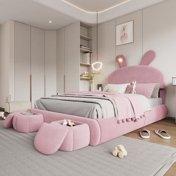 Barnsäng 140x200 cm – Kaninöron med justerbar LED-belysning – Med 2 förvaringspallar – Rosa