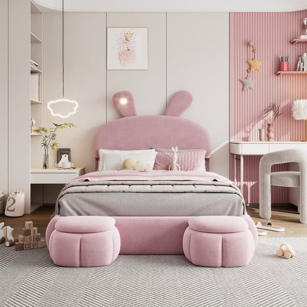Barnsäng 140x200 cm – Kaninöron med justerbar LED-belysning – Med 2 förvaringspallar – Rosa