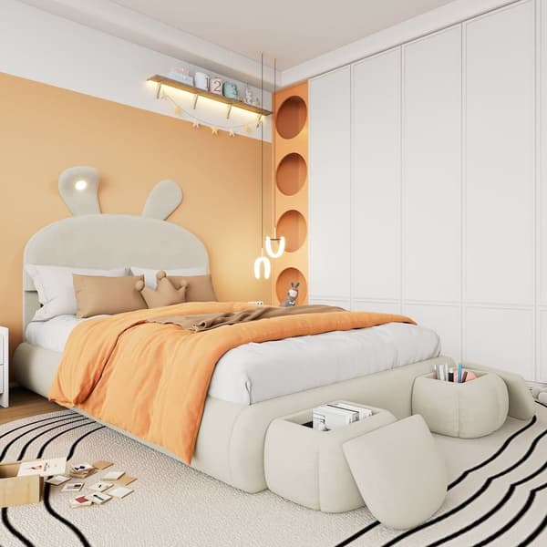 Børneseng 140x200 cm – Kaninører med justerbar LED-belysning – Med 2 opbevaringskamler – Beige