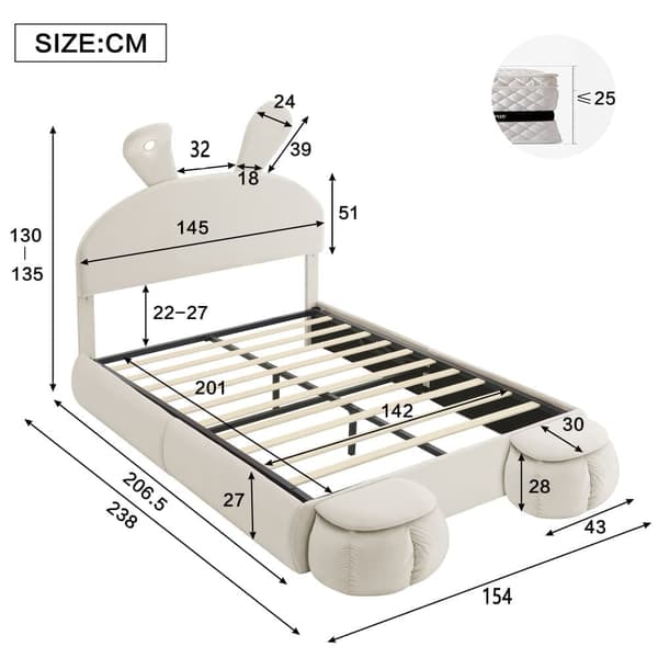 Børneseng 140x200 cm – Kaninører med justerbar LED-belysning – Med 2 opbevaringskamler – Beige