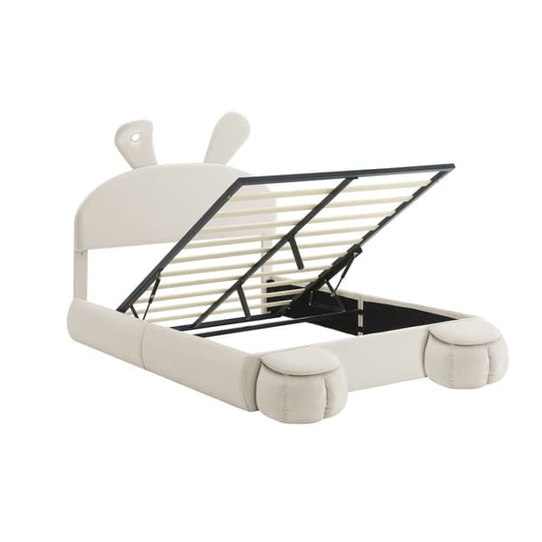 Børneseng 140x200 cm – Kaninører med justerbar LED-belysning – Med 2 opbevaringskamler – Beige