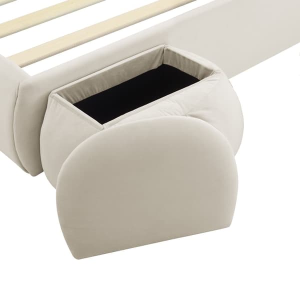 Børneseng 140x200 cm – Kaninører med justerbar LED-belysning – Med 2 opbevaringskamler – Beige