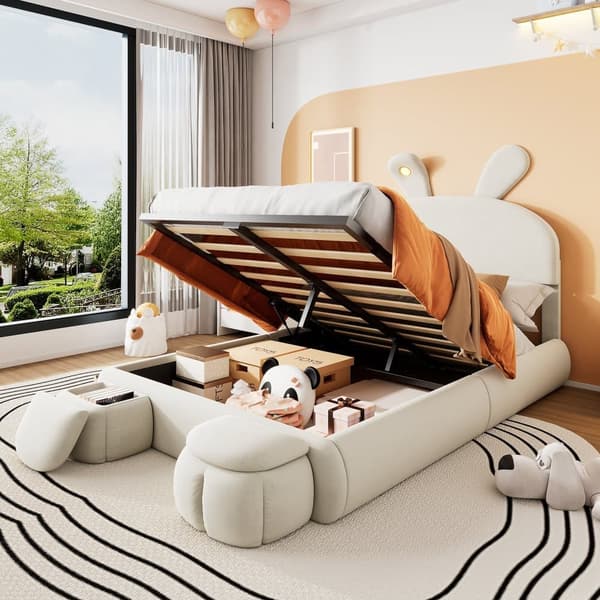 Børneseng 140x200 cm – Kaninører med justerbar LED-belysning – Med 2 opbevaringskamler – Beige