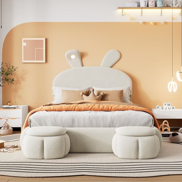 Børneseng 140x200 cm – Kaninører med justerbar LED-belysning – Med 2 opbevaringskamler – Beige