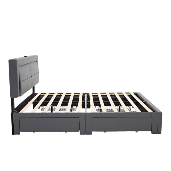 Dobbeltseng 160 x 200 cm i kunstlæder med LED - 4 skuffer - med opladningstilslutninger (kablet og trådløs) - grå