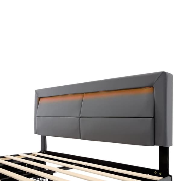 Dobbeltseng 160 x 200 cm i kunstlæder med LED - 4 skuffer - med opladningstilslutninger (kablet og trådløs) - grå