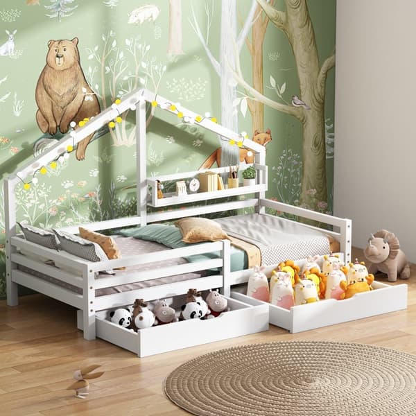 Hussäng 90x200 cm i massivt trä – Med hyllor och 2 lådor – Vit