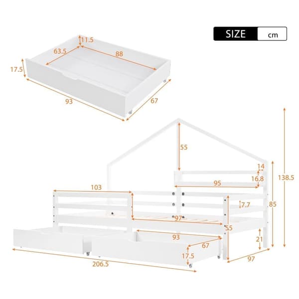 Hussäng 90x200 cm i massivt trä – Med hyllor och 2 lådor – Vit