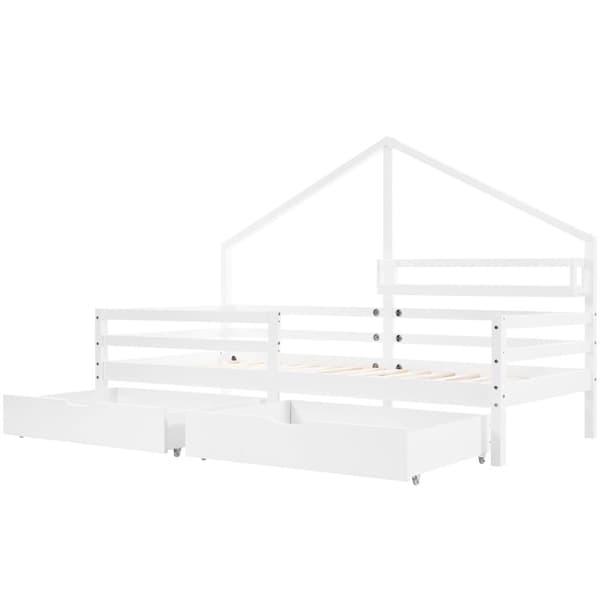 Hussäng 90x200 cm i massivt trä – Med hyllor och 2 lådor – Vit