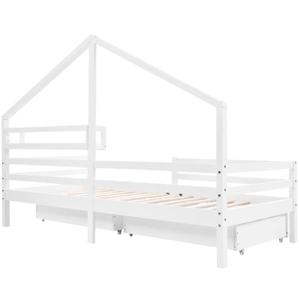 Hussäng 90x200 cm i massivt trä – Med hyllor och 2 lådor – Vit