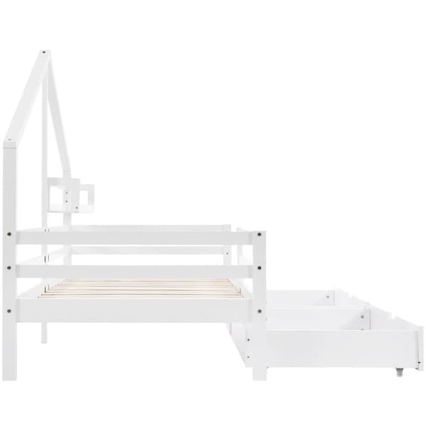 Hussäng 90x200 cm i massivt trä – Med hyllor och 2 lådor – Vit