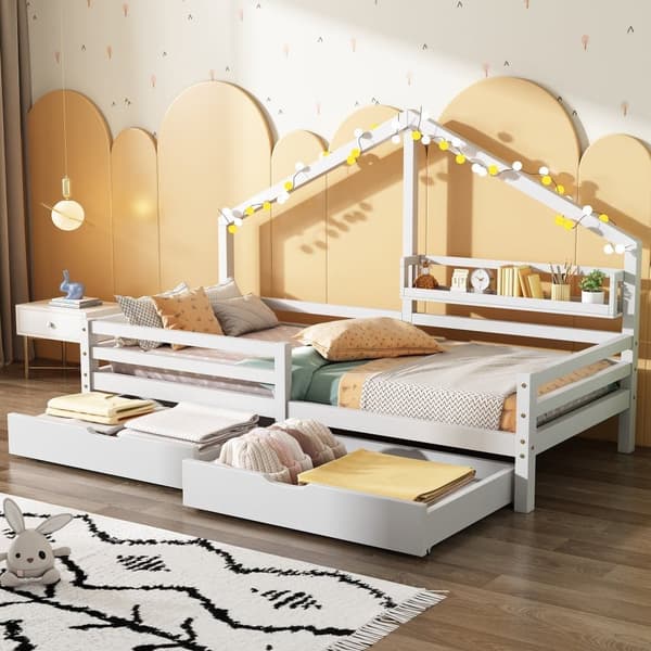 Hussäng 90x200 cm i massivt trä – Med hyllor och 2 lådor – Vit