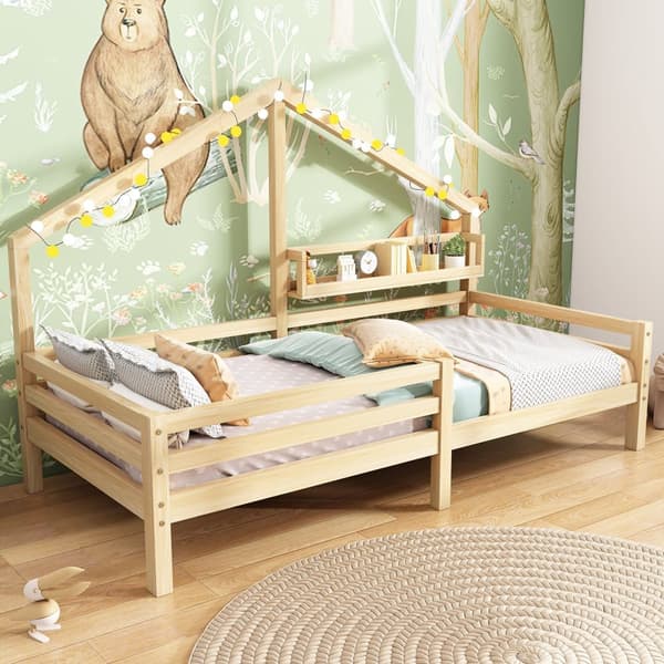 Husseng 90x200 cm i massivt træ – Med hylder – Natur