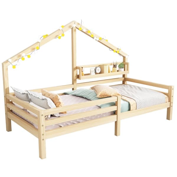 Husseng 90x200 cm i massivt træ – Med hylder – Natur