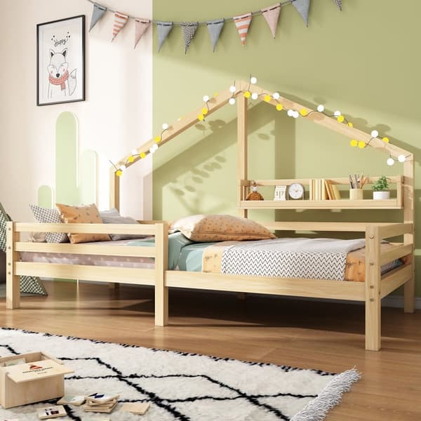 Husseng 90x200 cm i massivt træ – Med hylder – Natur