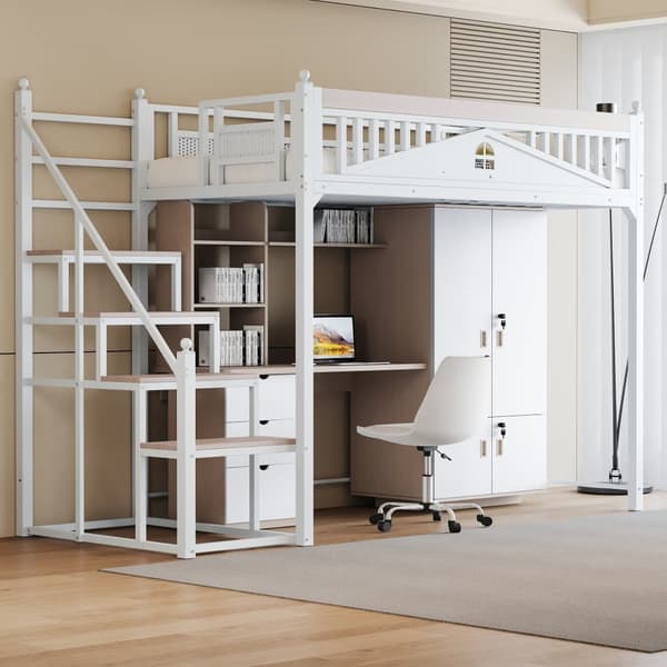 Loftsäng 90x200 cm med trappa – Metall + plywood + MDF – Sängbotten med lameller – Vit