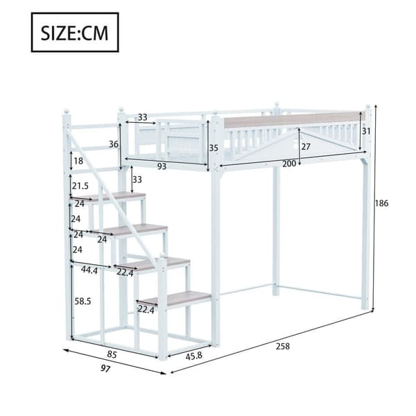 Loftsäng 90x200 cm med trappa – Metall + plywood + MDF – Sängbotten med lameller – Vit