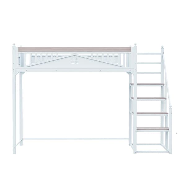 Loftsäng 90x200 cm med trappa – Metall + plywood + MDF – Sängbotten med lameller – Vit