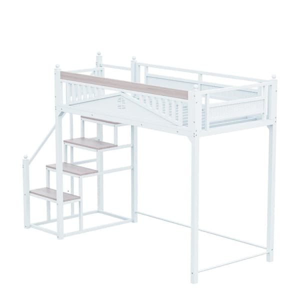 Loftsäng 90x200 cm med trappa – Metall + plywood + MDF – Sängbotten med lameller – Vit