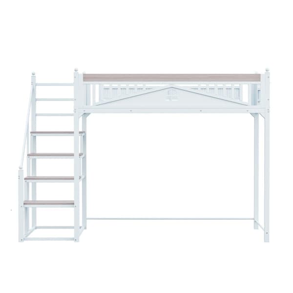 Loftsäng 90x200 cm med trappa – Metall + plywood + MDF – Sängbotten med lameller – Vit