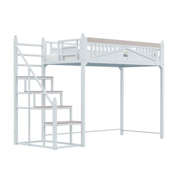 Loftsäng 90x200 cm med trappa – Metall + plywood + MDF – Sängbotten med lameller – Vit