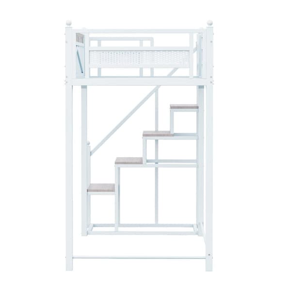 Loftsäng 90x200 cm med trappa – Metall + plywood + MDF – Sängbotten med lameller – Vit