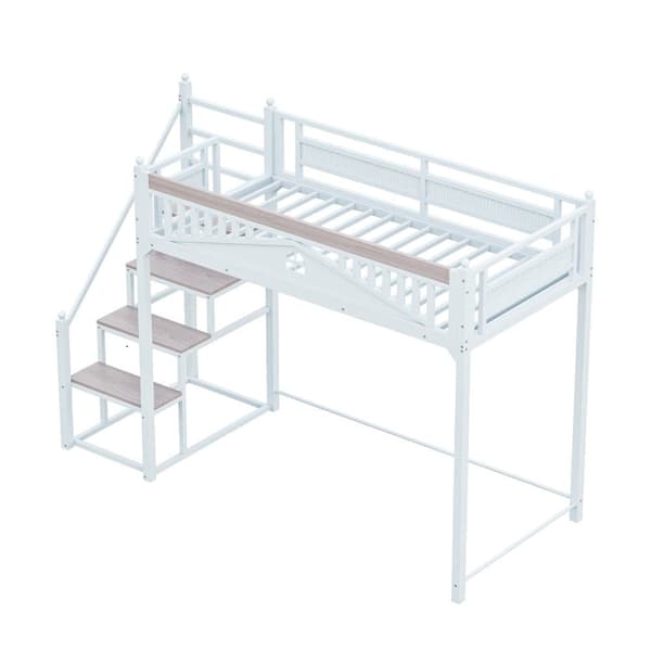Loftsäng 90x200 cm med trappa – Metall + plywood + MDF – Sängbotten med lameller – Vit