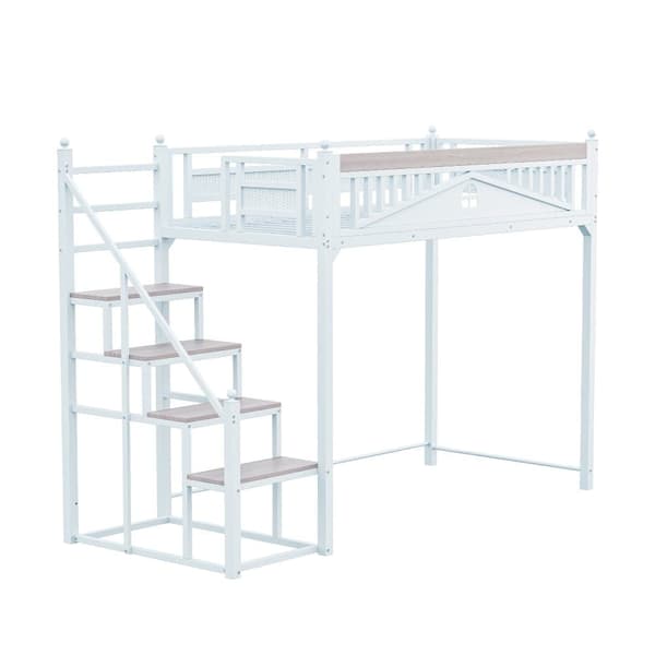 Loftsäng 90x200 cm med trappa – Metall + plywood + MDF – Sängbotten med lameller – Vit