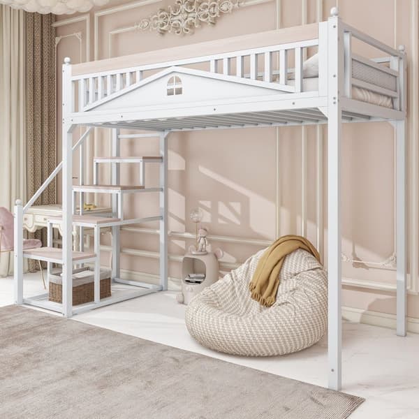 Loftsäng 90x200 cm med trappa – Metall + plywood + MDF – Sängbotten med lameller – Vit