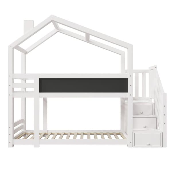 Barnsäng Trädkoja 90x200 cm – Våningssäng med Skorsten, Förvaring och Fallskydd – Vit, Inkl. Tavla och 2x Sängbotten (Utan Madrass)